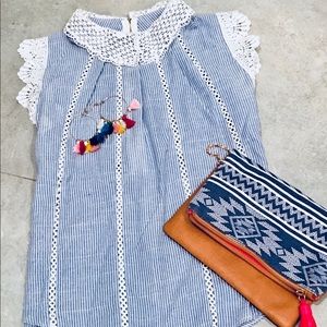 Blue White Lace Sleeveless Top Shirt